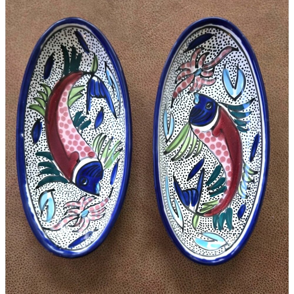 Vintage Hand Painted Fish Dish, Oval,  Made in Tunisia, 10" Set of 2